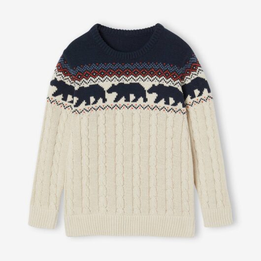 Cable Knit Jacquard Jumper for Boys marl white