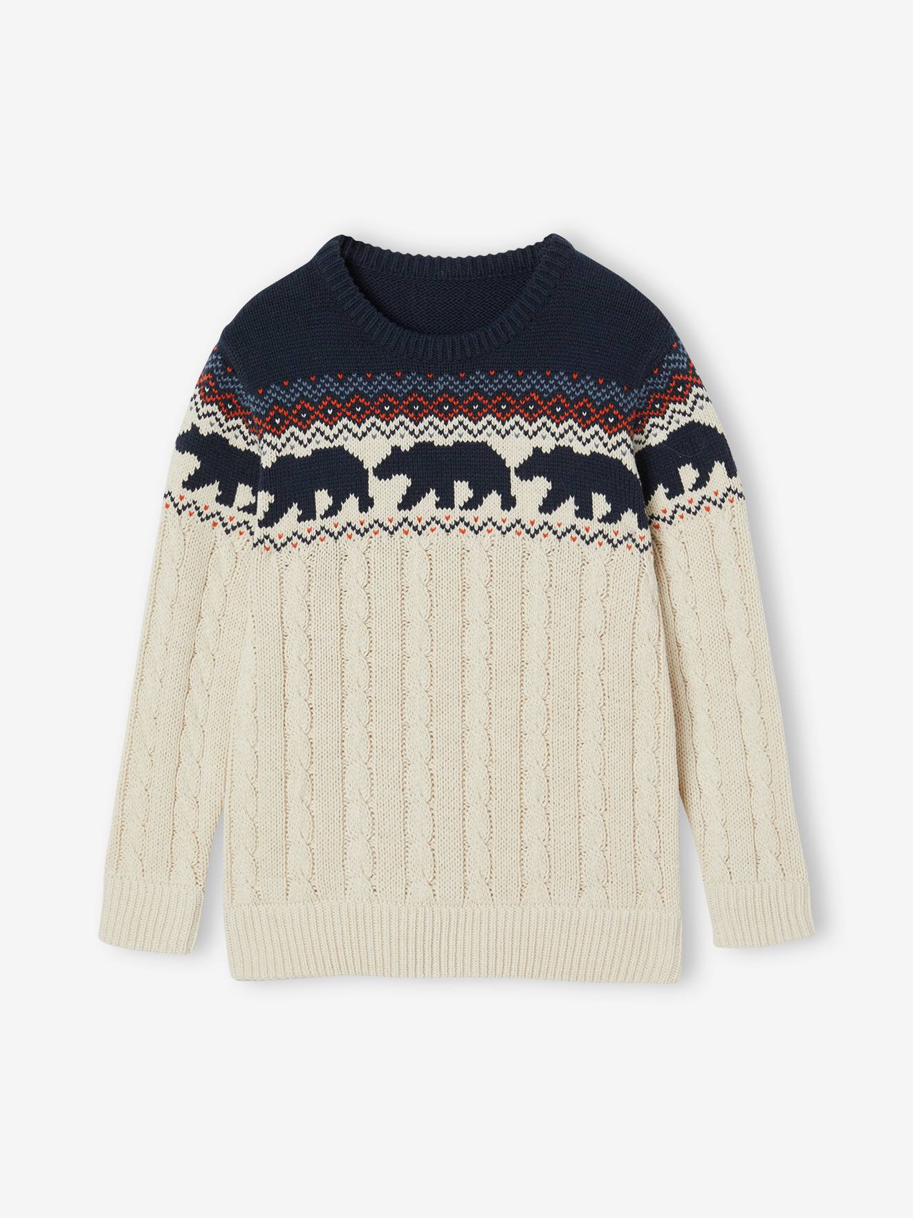 Cable Knit Jacquard Jumper for Boys marl white