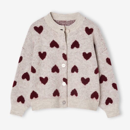 Cardigan with Jacquard Knit Hearts for Girls golden beige