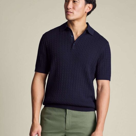 Charles Tyrwhitt Pure Cotton Cable Knitted Polo Shirt Indigo