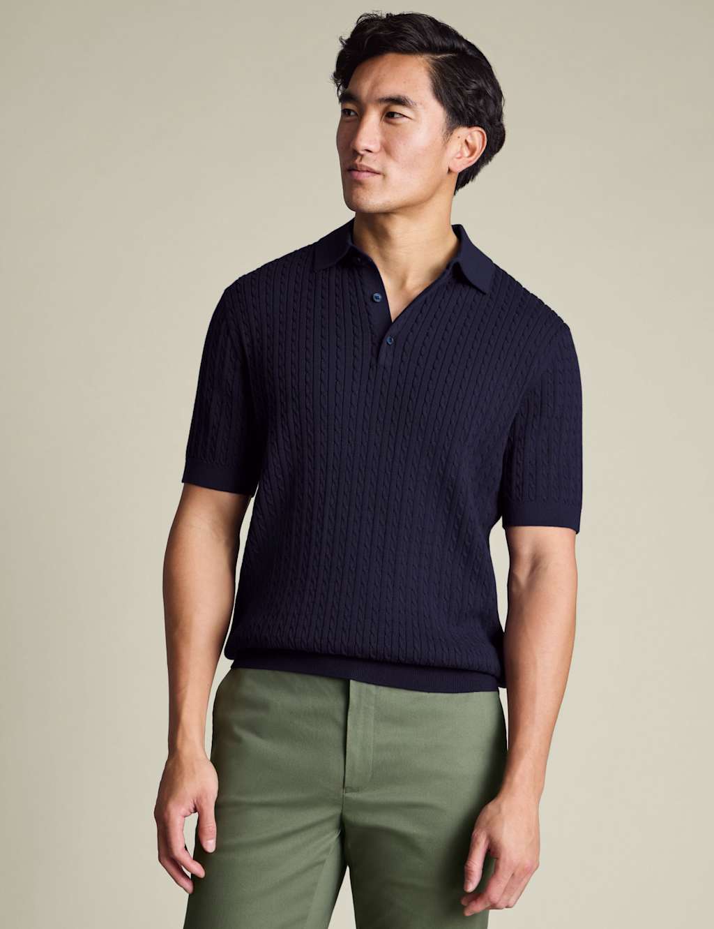 Charles Tyrwhitt Pure Cotton Cable Knitted Polo Shirt Indigo