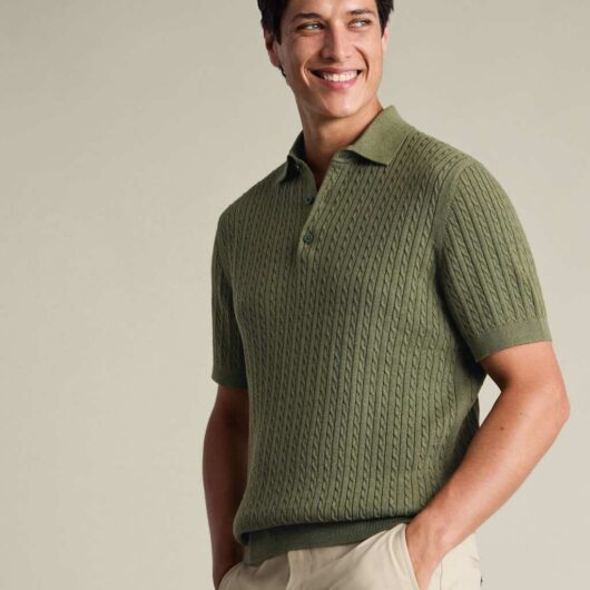 Charles Tyrwhitt Pure Cotton Cable Knitted Polo Shirt Sage