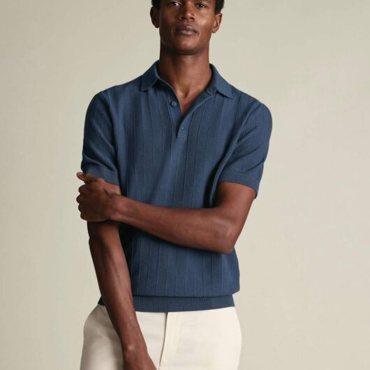 Charles Tyrwhitt Pure Cotton Textured Knitted Polo Shirt Air Force Blue