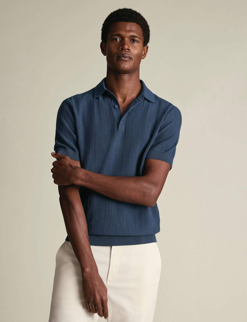Charles Tyrwhitt Pure Cotton Textured Knitted Polo Shirt Air Force Blue