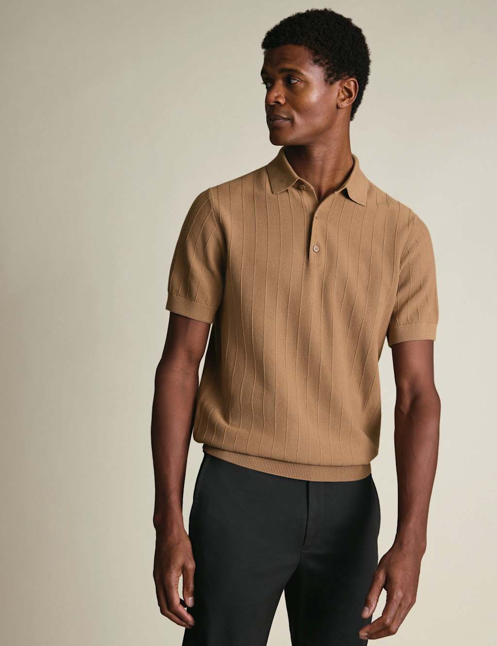 Charles Tyrwhitt Pure Cotton Textured Knitted Polo Shirt Camel