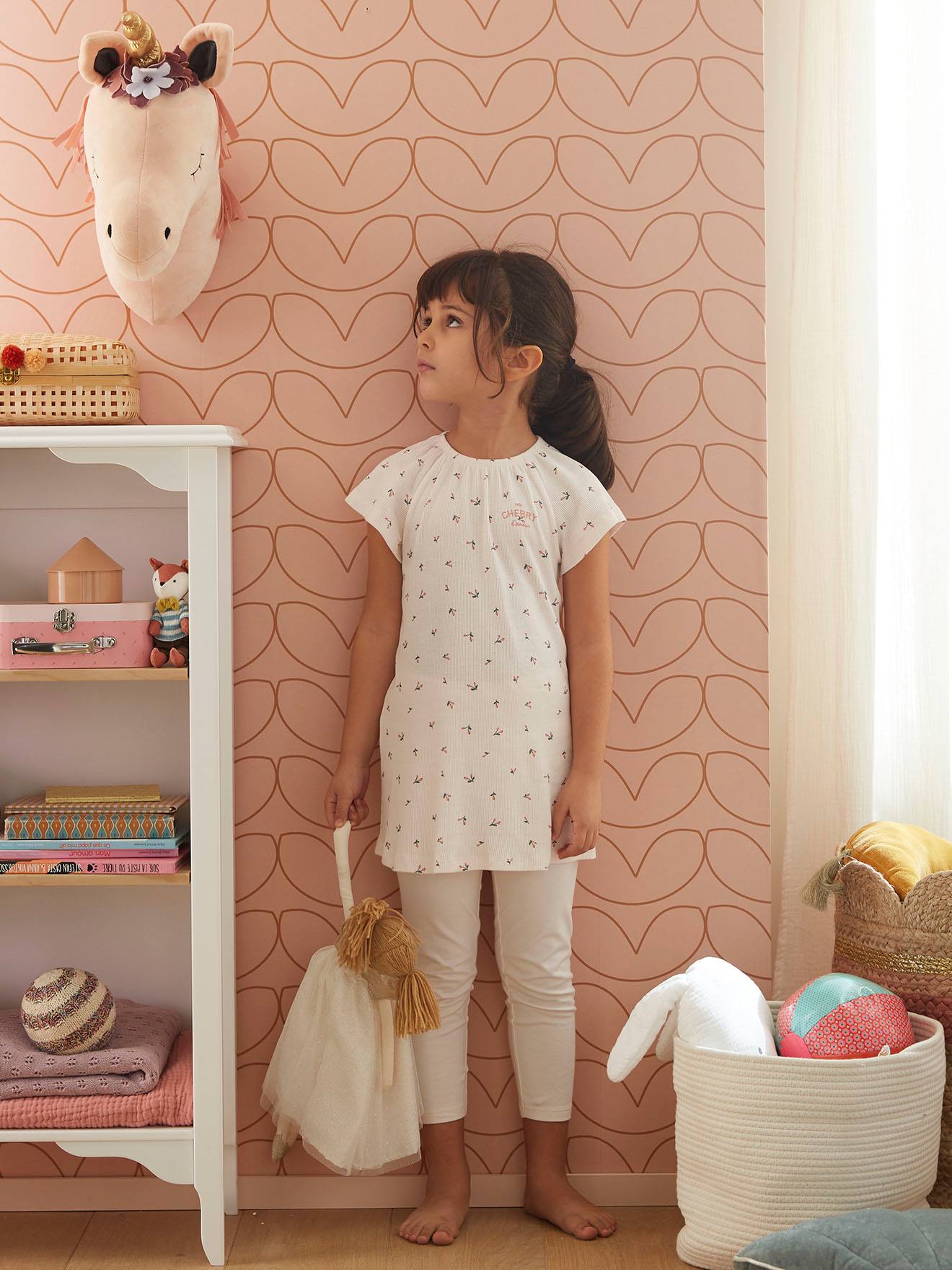 Cherries Rib Knit Nightie + Plain Leggings for Girls nude pink