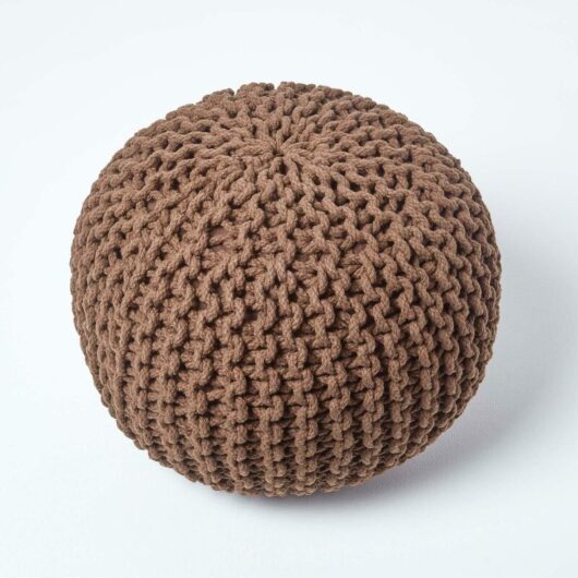 Chocolate Brown Round Cotton Knitted Pouffe Footstool - Homescapes