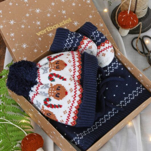 Christmas Gift Box: Reindeer Beanie + Snood + Mittens Set for Baby Boys navy blue