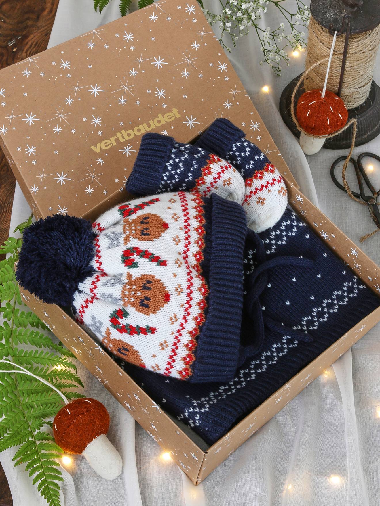 Christmas Gift Box: Reindeer Beanie + Snood + Mittens Set for Baby Boys navy blue