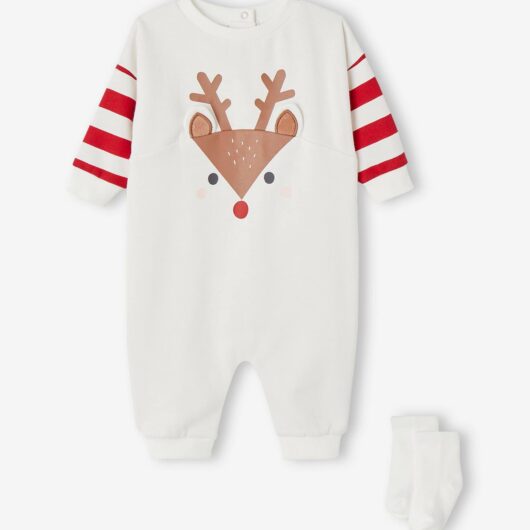 Christmas Sleepsuit with Reindeer + Socks Set for Babies ecru