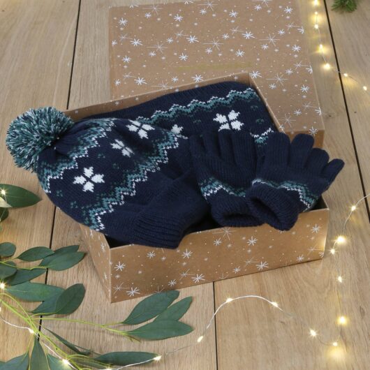 Christmas "Snowflakes" Set with Beanie + Snood + Gloves/Mittens for Boys navy blue