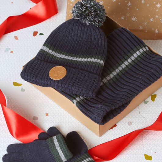 Christmas set: reindeer beanie + snood + mittens/gloves for boys navy blue