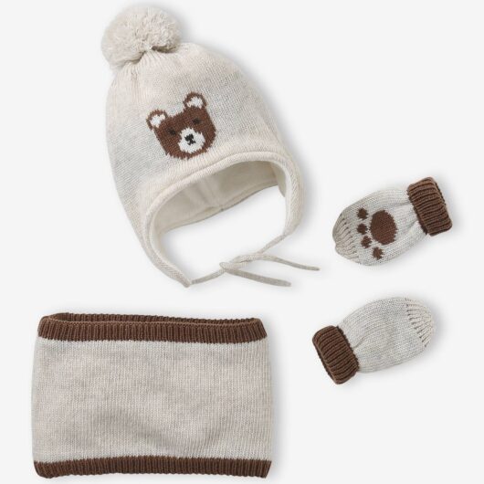 Chullo Jacquard Bear Hat, Snood & Mittens Set marl beige