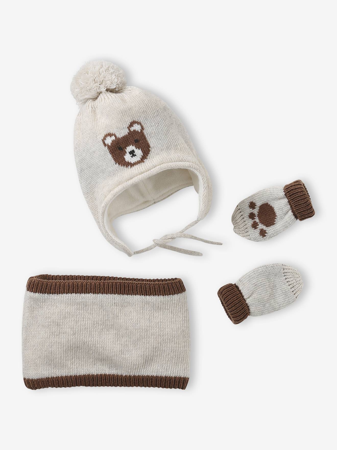 Chullo Jacquard Bear Hat, Snood & Mittens Set marl beige