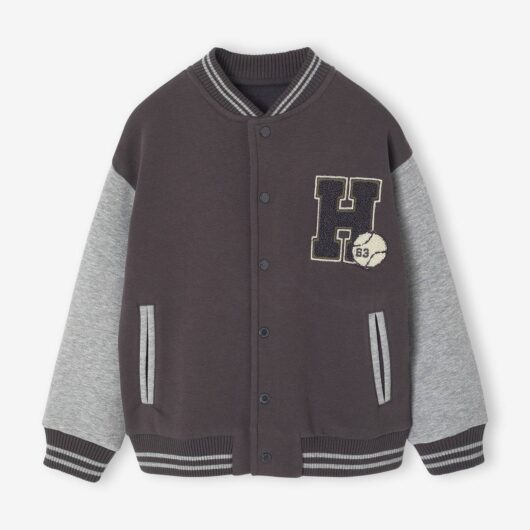 College-Type Jacket in Fleece, Patch in Bouclé Knit, for Boys anthracite