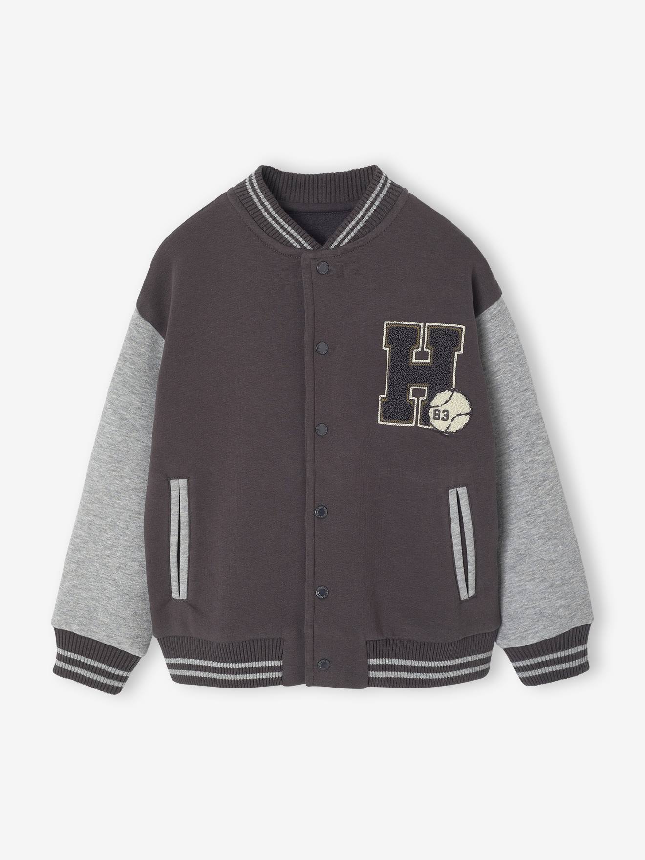 College-Type Jacket in Fleece, Patch in Bouclé Knit, for Boys anthracite