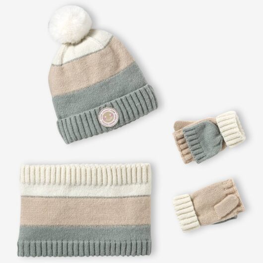 Colourblock Beanie, Snood, Mittens/Fingerless Mitts Set for Girls aqua green