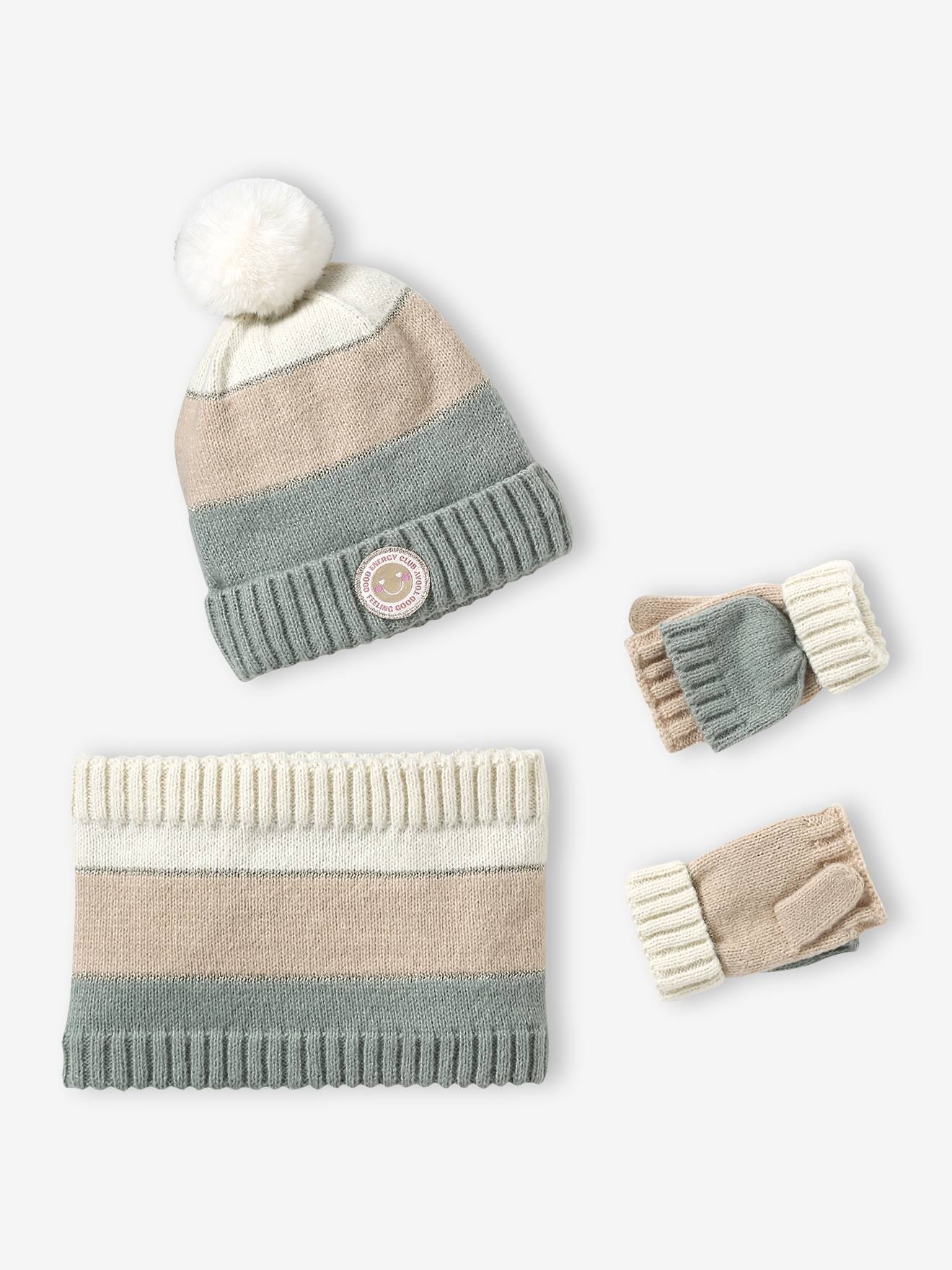 Colourblock Beanie, Snood, Mittens/Fingerless Mitts Set for Girls aqua green