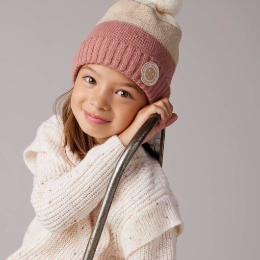 Colourblock Beanie, Snood, Mittens/Fingerless Mitts Set for Girls striped pink