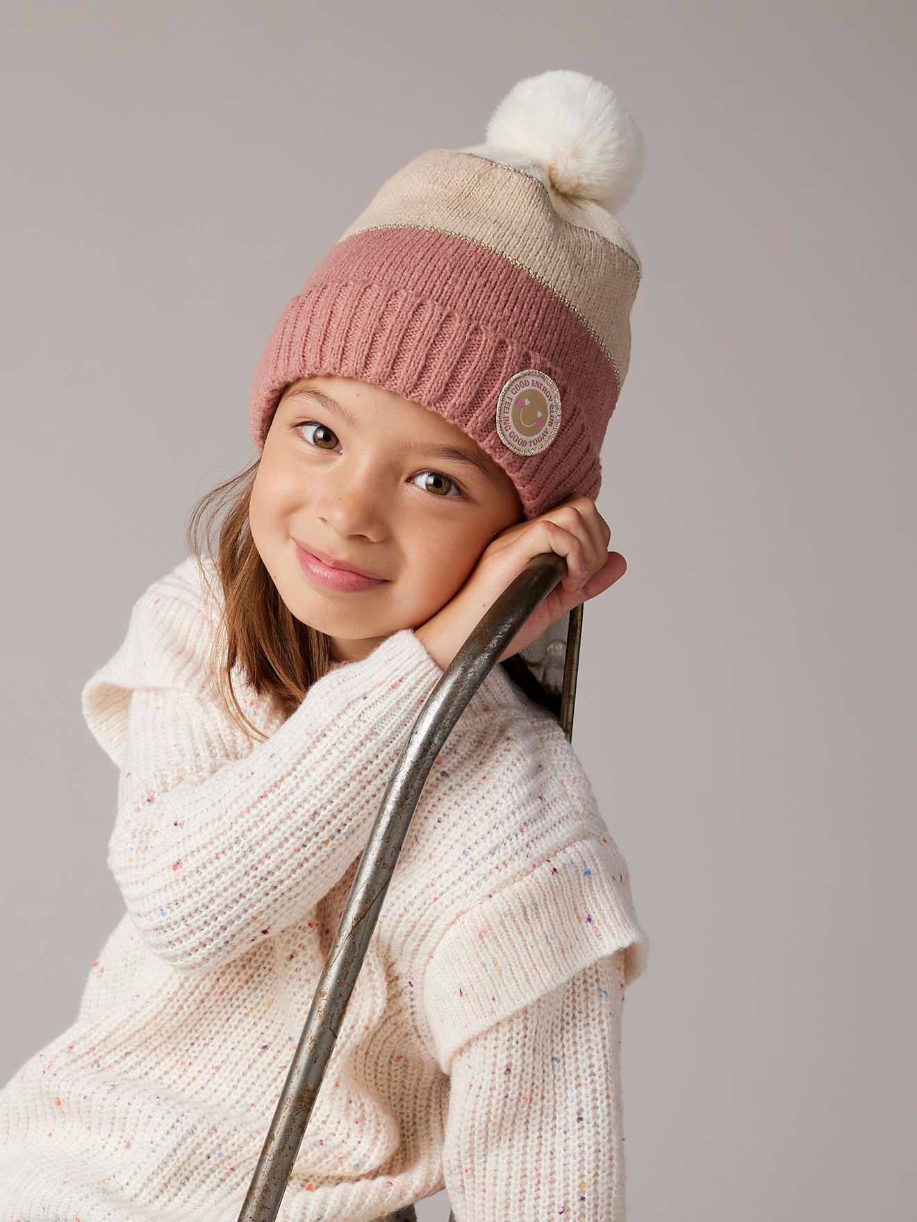 Colourblock Beanie, Snood, Mittens/Fingerless Mitts Set for Girls striped pink
