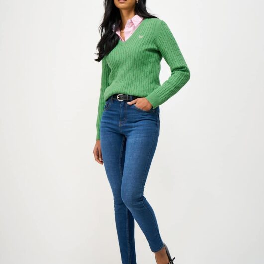 Crew Clothing Cotton Rich Cable Knit V-Neck Jumper Emerald