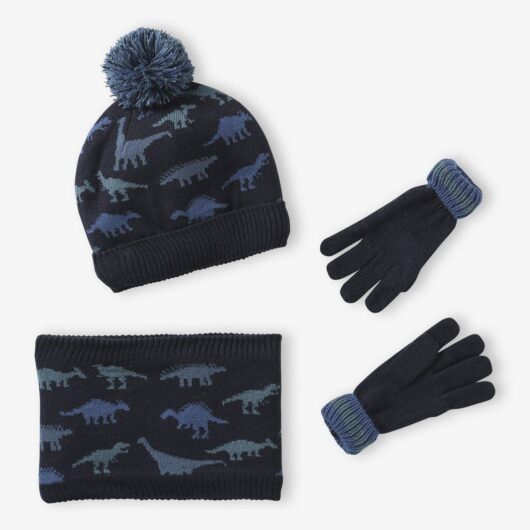 Dinos Beanie + Snood + Mittens/Gloves Set for Boys navy blue