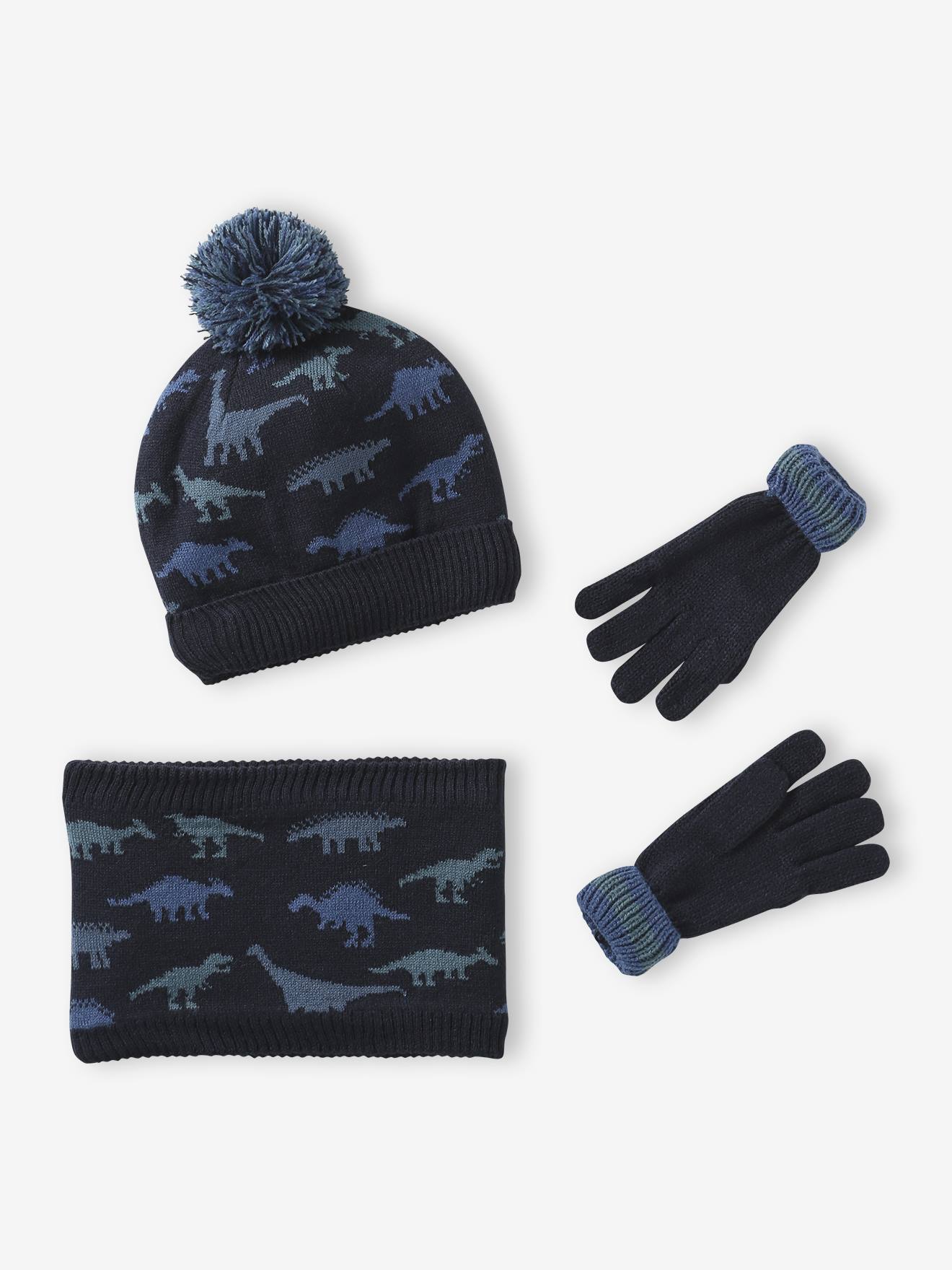 Dinos Beanie + Snood + Mittens/Gloves Set for Boys navy blue