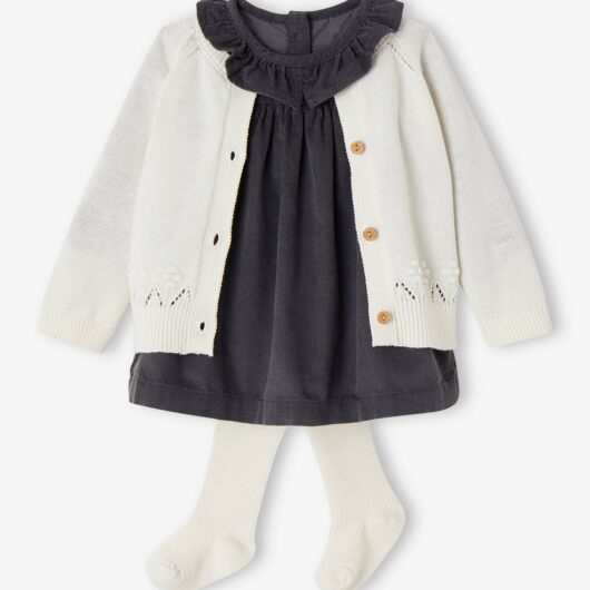 Dress, Fancy Cardigan & Tights Ensemble for Baby Girls slate blue