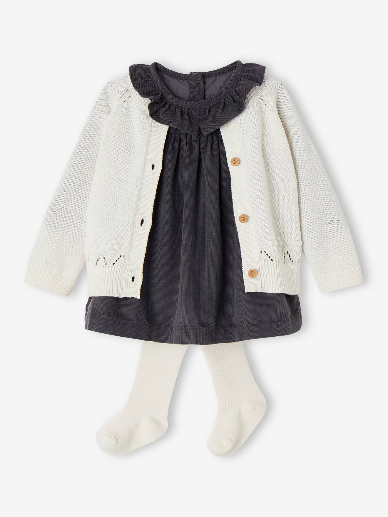 Dress, Fancy Cardigan & Tights Ensemble for Baby Girls slate blue