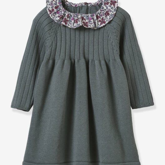 Dress in knitted fabric with Liberty fabric collar for babies by CYRILLUS olive