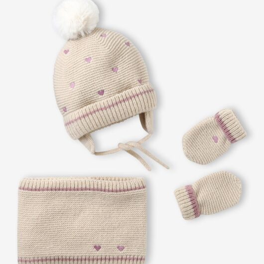 Embroidered heart set with beanie, snood and baby mittens golden beige