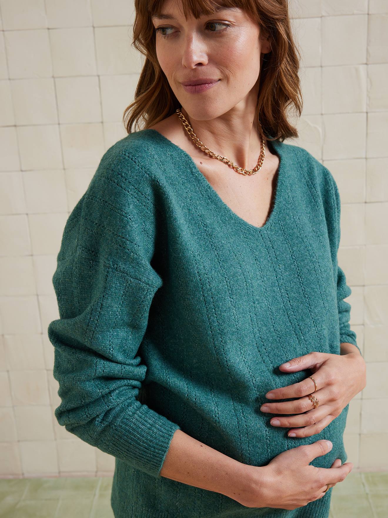 Fancy Fuzzy Knit V-Neck Jumper for Maternity english green