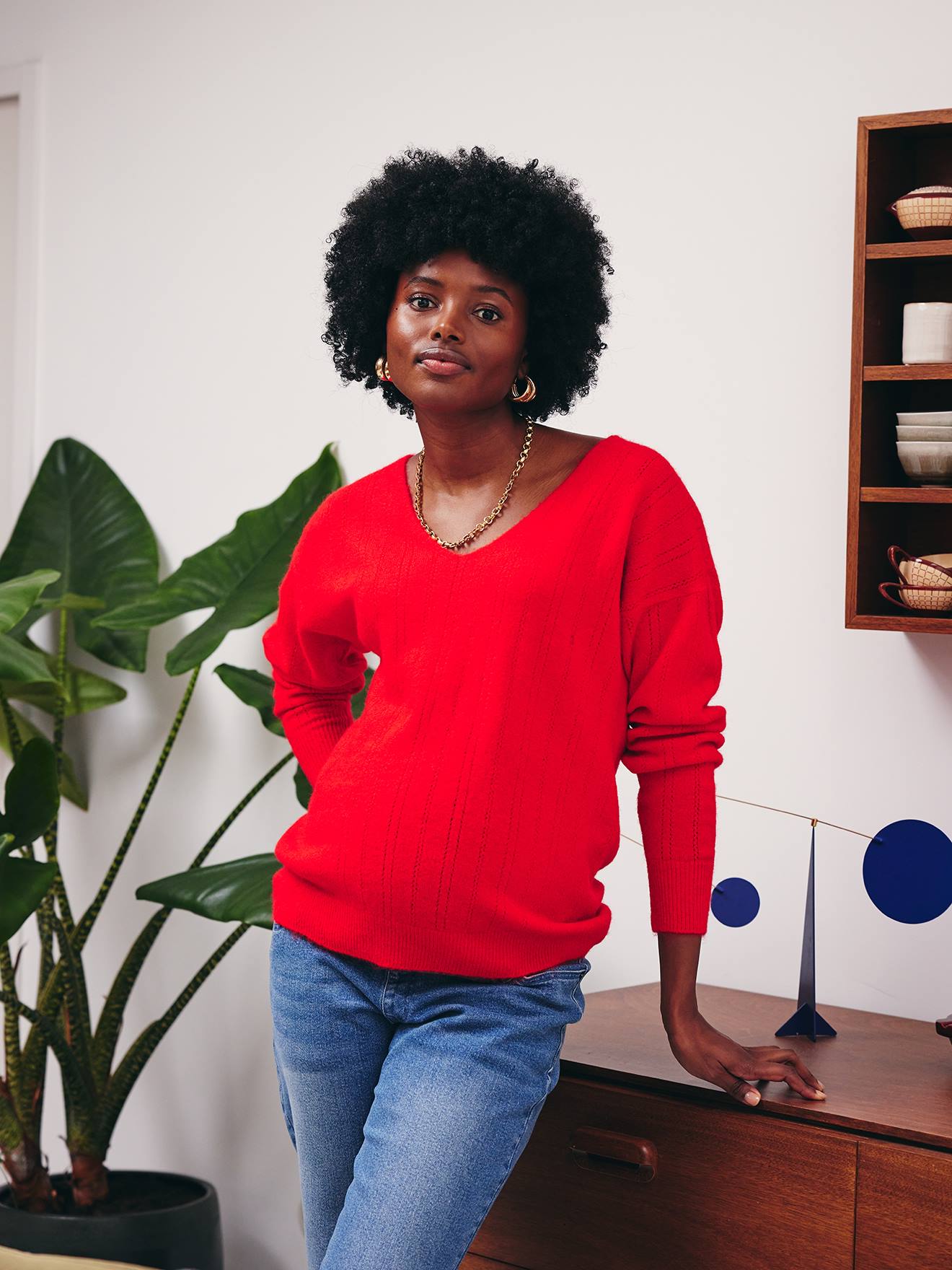 Fancy Fuzzy Knit V-Neck Jumper for Maternity pomegranate