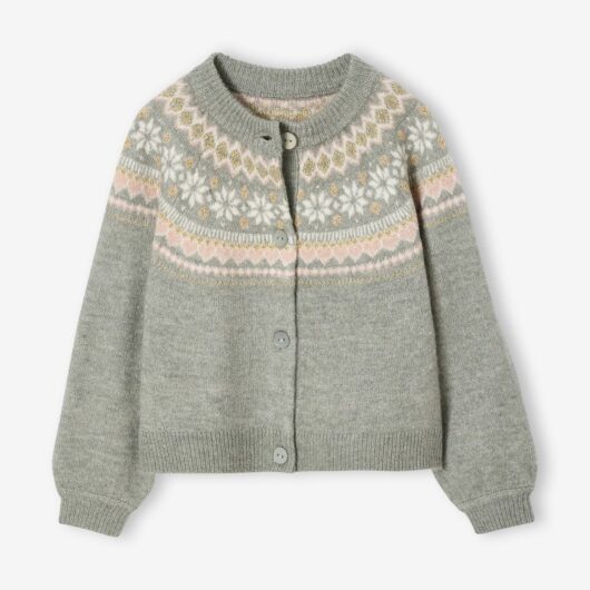 Fancy Jacquard Knit Cardigan in Shimmery Yarn for Girls grey green
