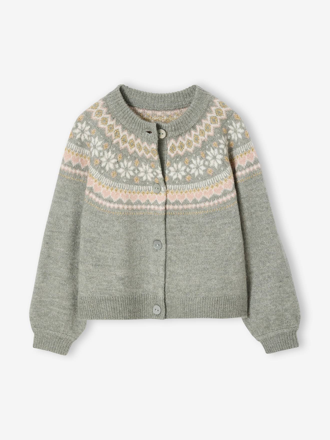 Fancy Jacquard Knit Cardigan in Shimmery Yarn for Girls grey green