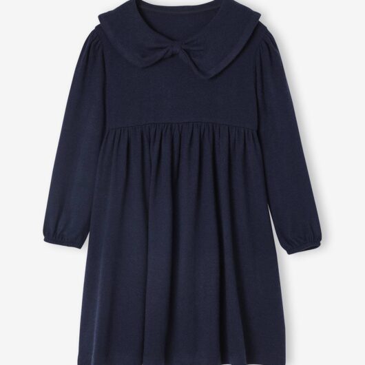 Fancy collared knitted dress for girls navy blue