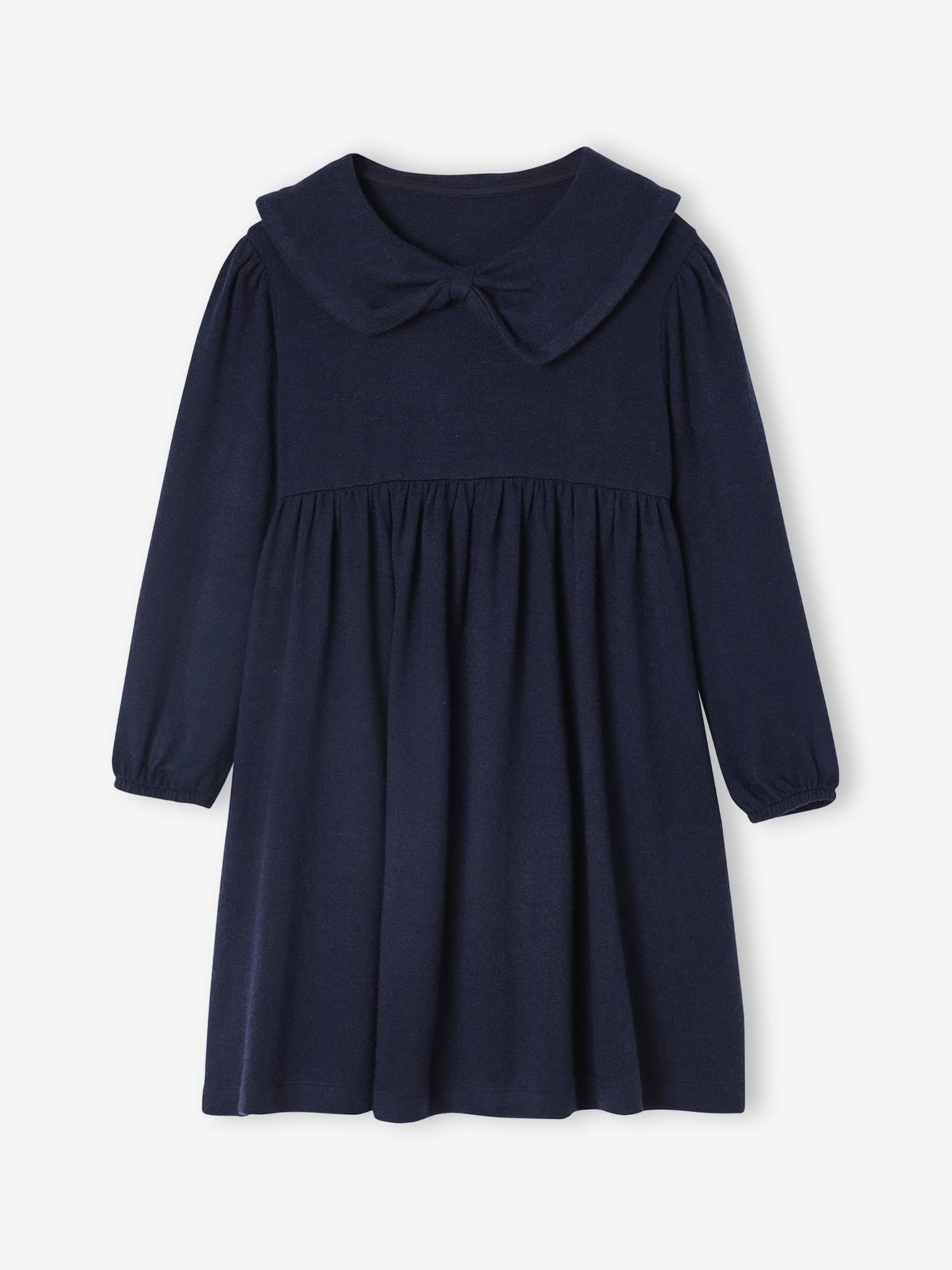 Fancy collared knitted dress for girls navy blue