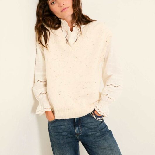 FatFace Cotton Rich Knitted Vest with Wool Ivory Mix