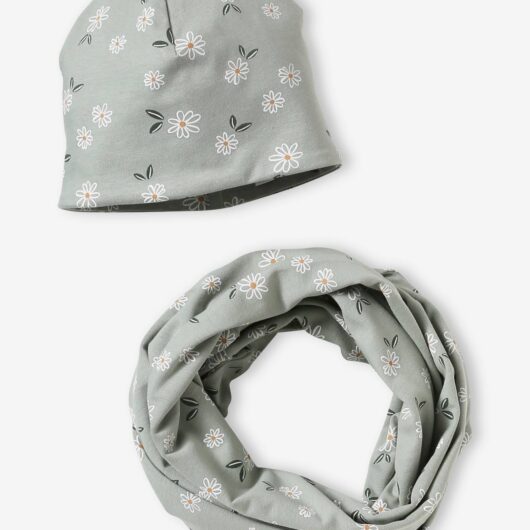 Floral Beanie + Infinity Scarf Set for Girls grey green