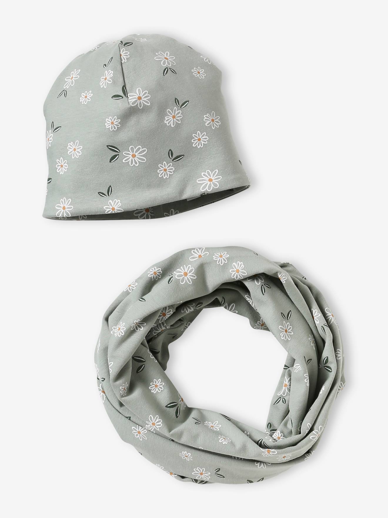 Floral Beanie + Infinity Scarf Set for Girls grey green