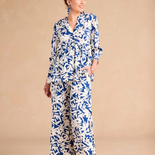 Floral Print Wide-Leg Trousers with Belly Band for Maternity by ENVIE DE FRAISE royal blue