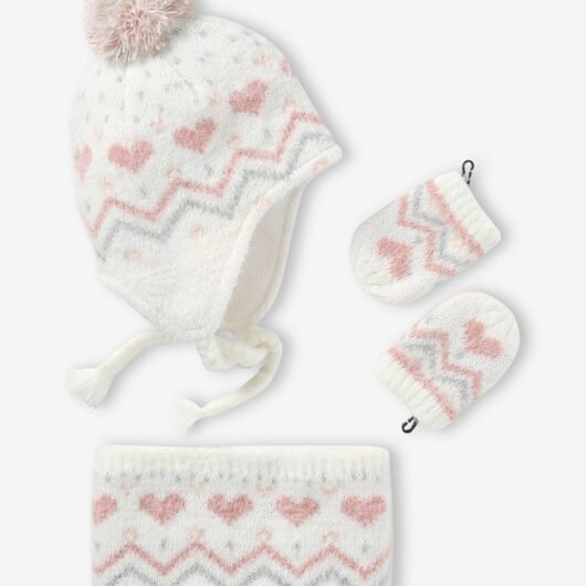 Fluffy Jacquard Knit Beanie + Snood + Mittens Set for Baby Girls ecru