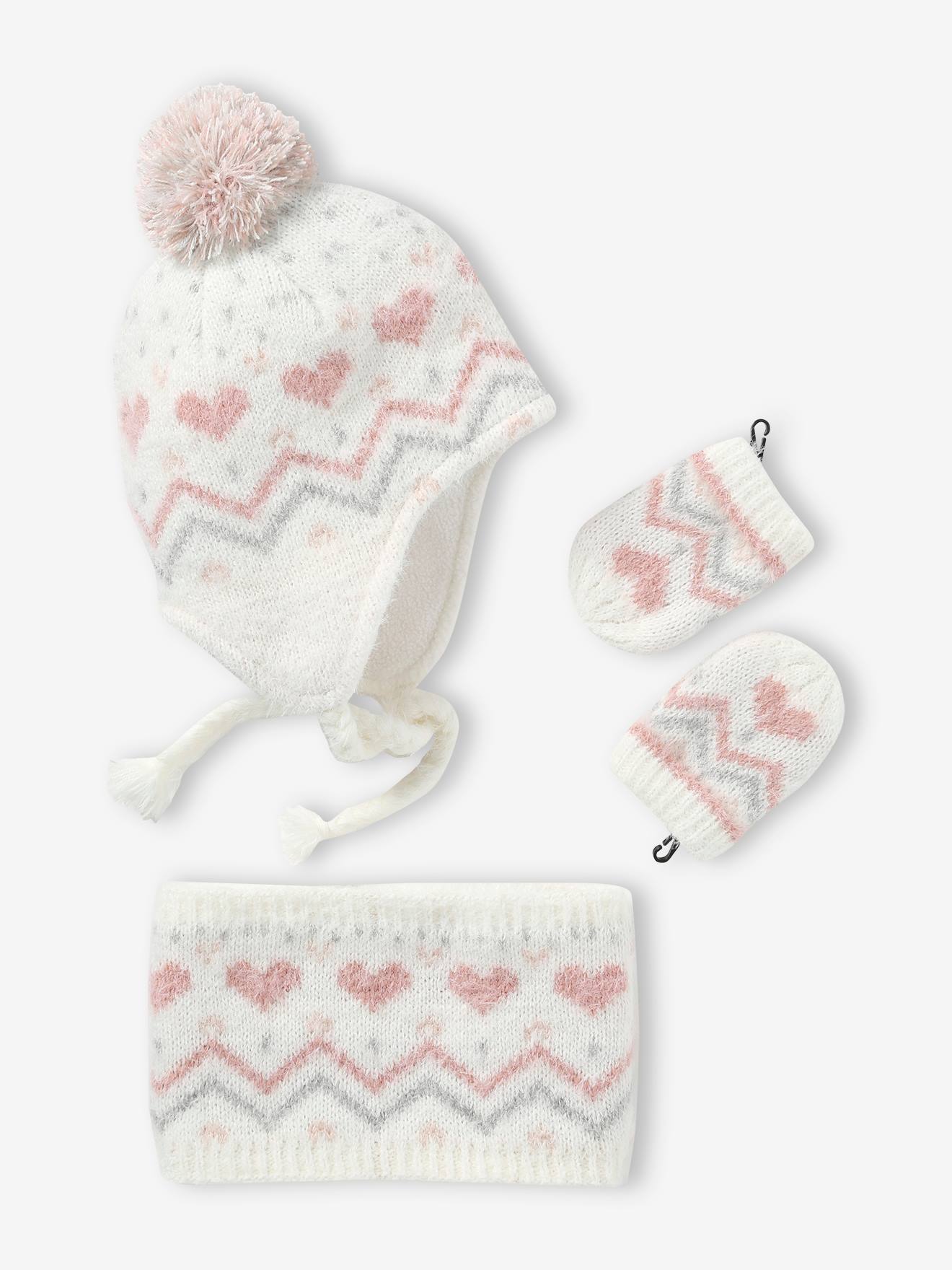 Fluffy Jacquard Knit Beanie + Snood + Mittens Set for Baby Girls ecru