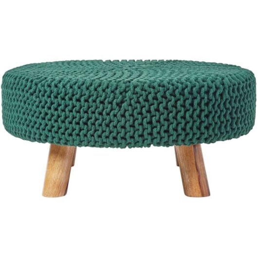 Forest Green Large Round Cotton Knitted Footstool on Legs - Homescapes