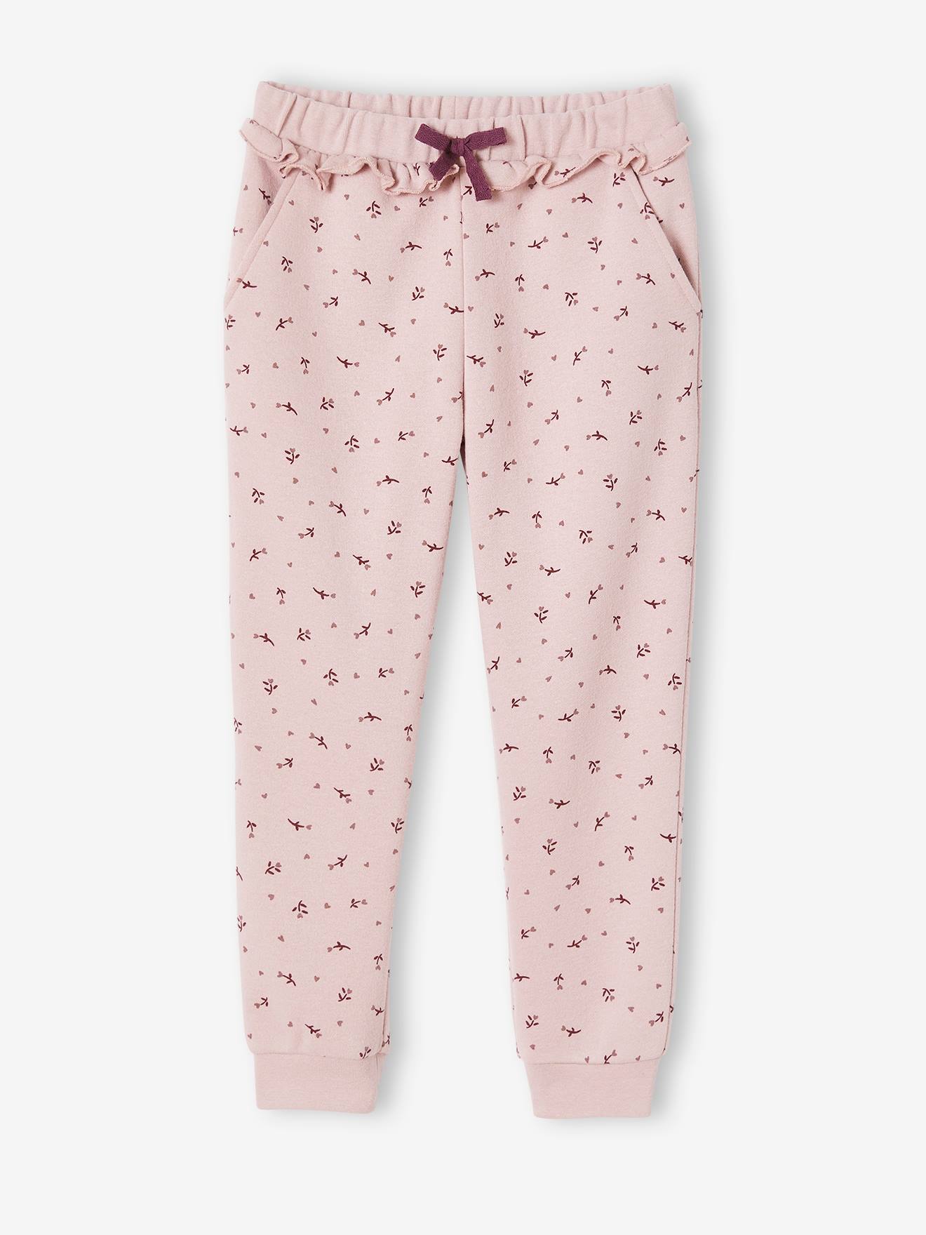 Frilly Joggers with Flower Print for Girls pink light all over printed