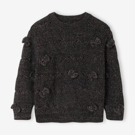Girl's Christmas cable knit jumper with bows anthracite