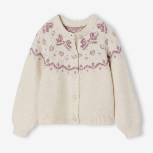 Girl's Christmas cardigan with jacquard patterns and sparkly details ecru