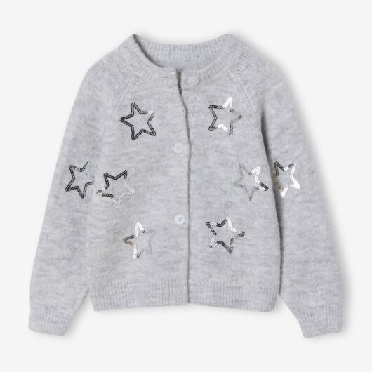 Girl's Christmas cardigan with sequin stars marl grey
