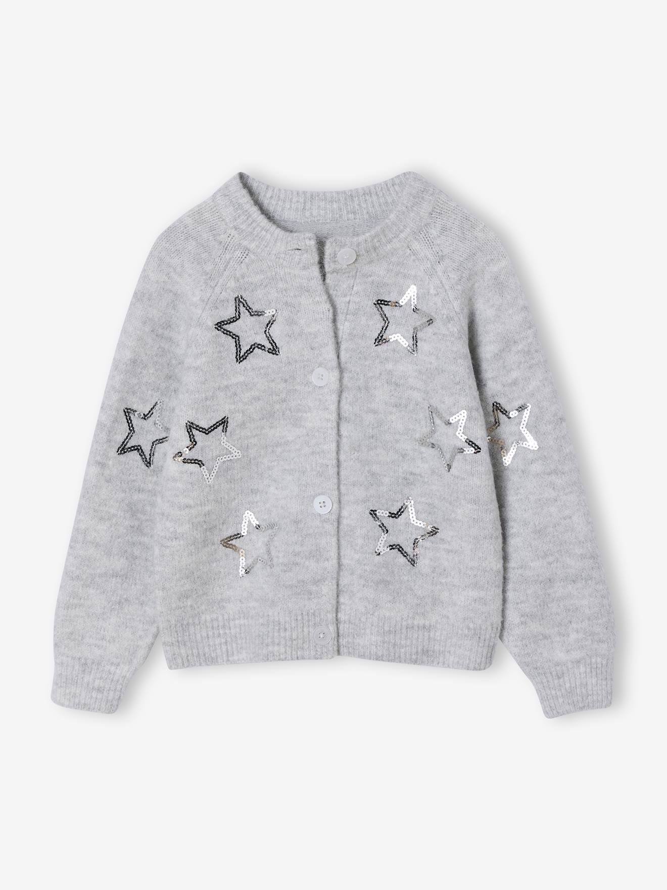 Girl's Christmas cardigan with sequin stars marl grey