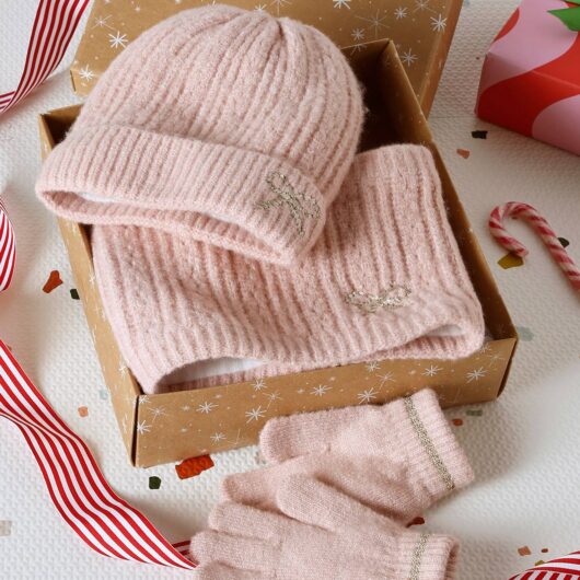 Girl's Christmas set: beanie + snood + mittens/gloves rosy